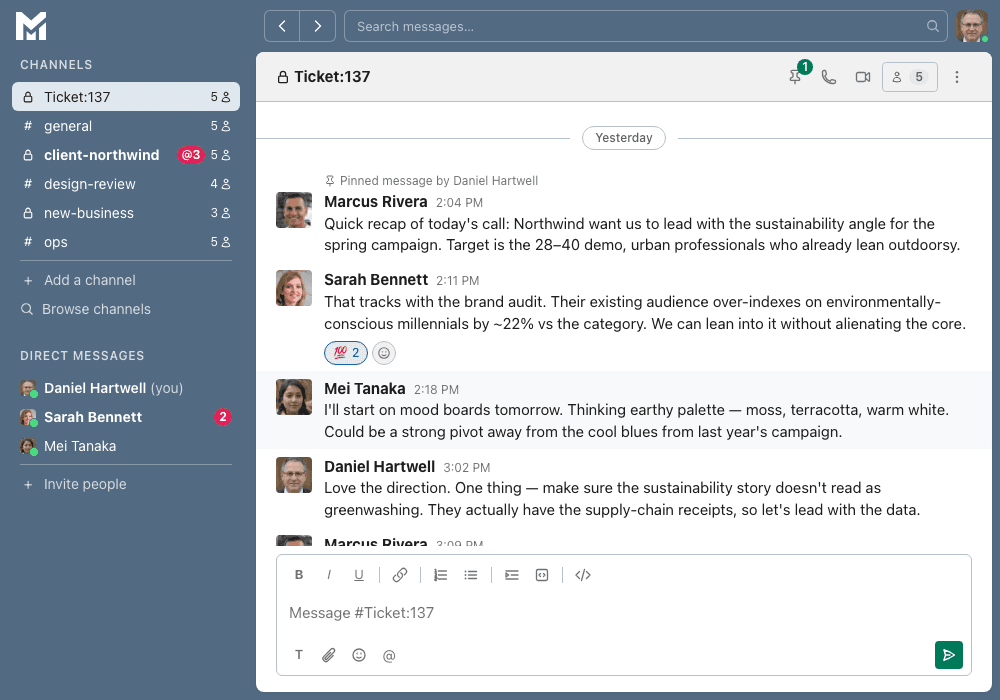 MergeYard ticket-linked channel showing internal discussion attached to a Zendesk ticket.